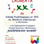 Dyplom Laureata XX Rozśpiewanego Wawrw