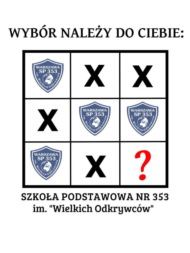 łamigłówka sugerująca, że najlepszy wybór szkoły podstawowej to szkoła nr 353 w Warszawie