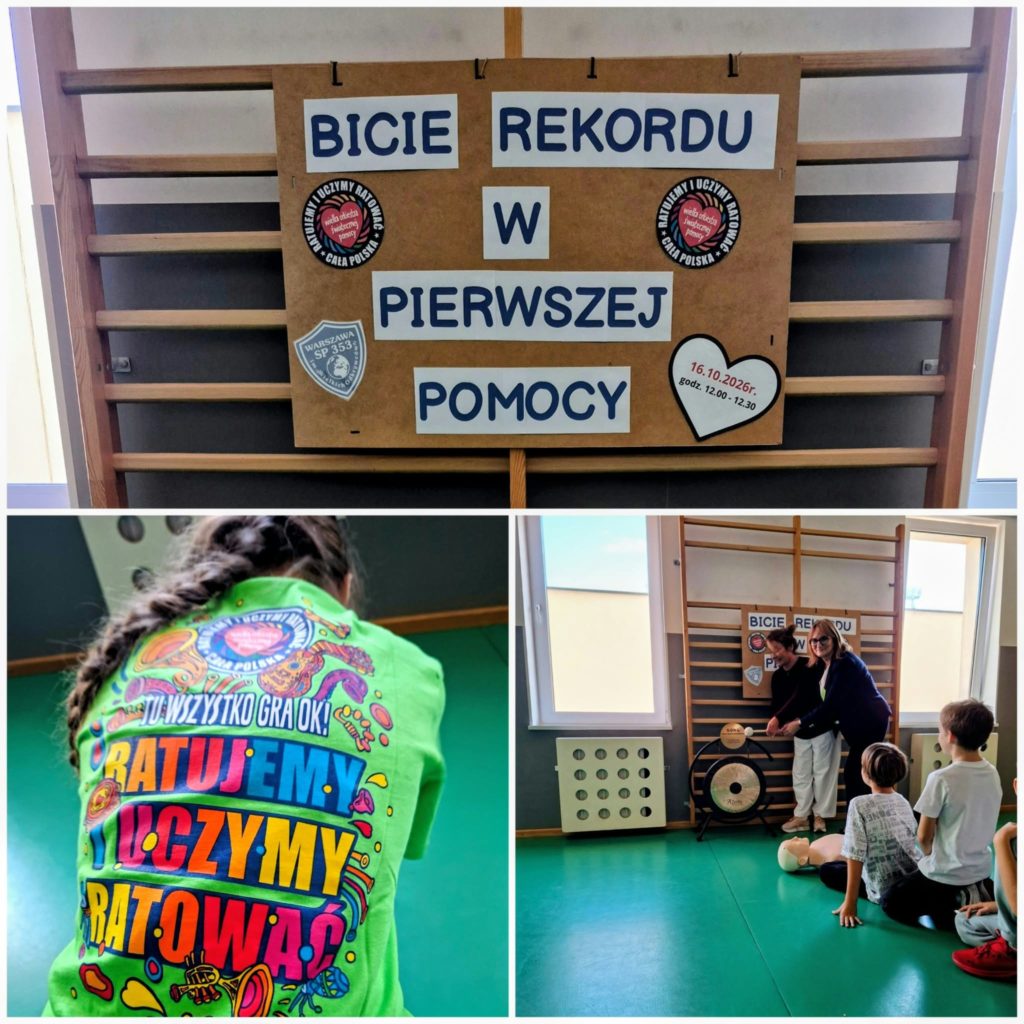 Kadry z wydarzenia Bicie Rekordu w Pierwszej Pomocy, dziewczynka w koszulce programu Ratujemy i Uczymy Ratować, Pani Dyrektor Katarzyna Głusek-Wojciechowicz i Pani Naczelnik Renata Mroczkowska rozpoczynają akcję uderzeniem w gong.